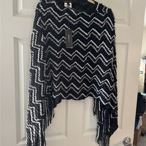 BCBGMaxAzria Black and White Zigzag Fringe Poncho